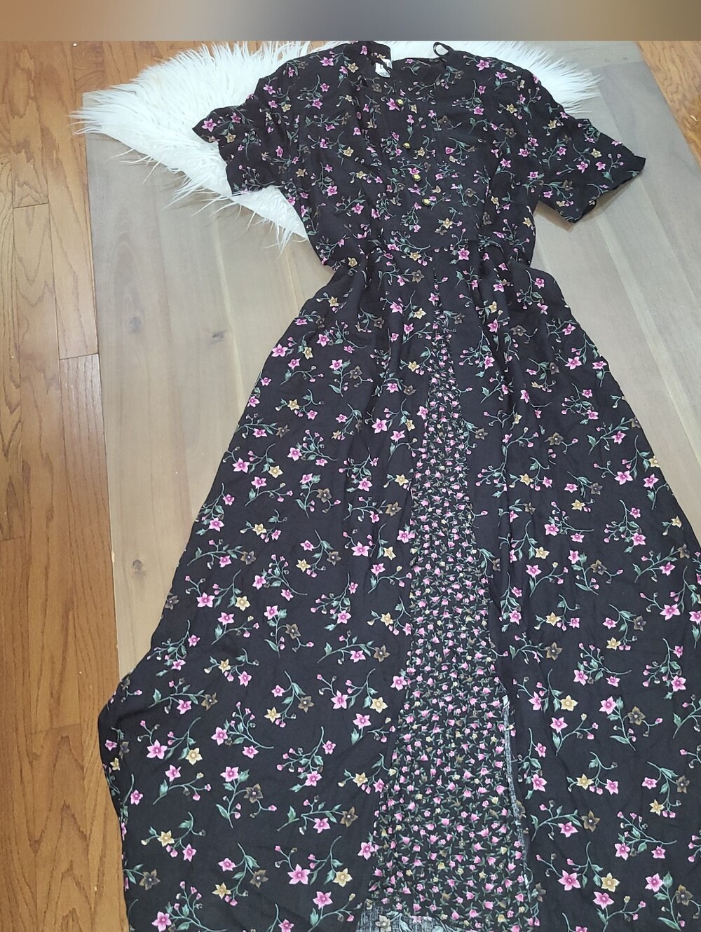 Coco Bianco Vintage Black Floral Maxi Dress with Pink Accents Tie  Sz. 18